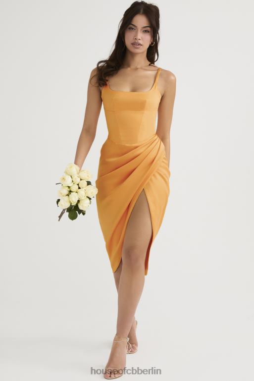 House of CB Bianca Tangerine Satin-Plissee-Korsett-Midikleid Kleidung ZFD80479