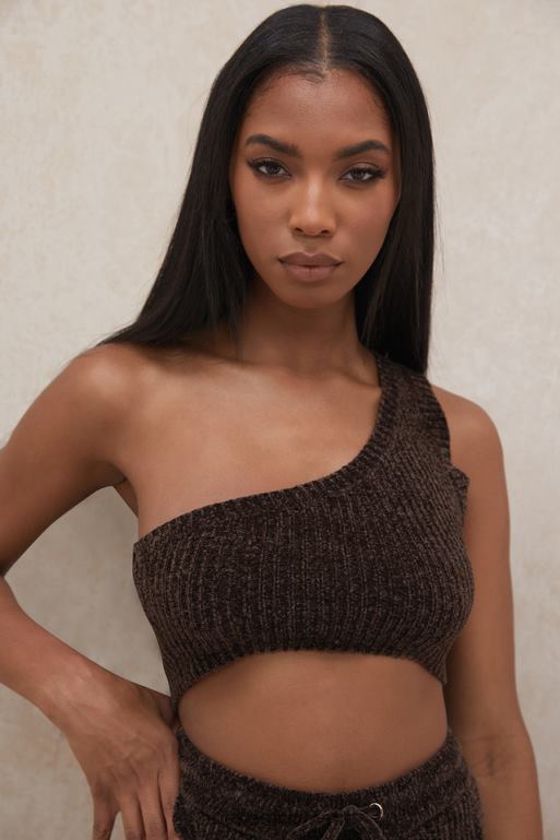 House of CB Charlie Chocolate Chenille One-Shoulder-Crop-Top Kleidung ZFD80782