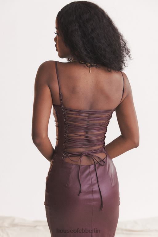 House of CB Jalena Maulbeerkleid aus veganem Leder mit Spitzenrücken Kleidung ZFD80165