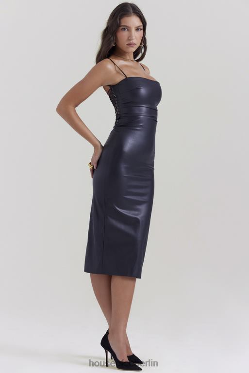 House of CB Jalena schwarzes Kleid aus veganem Leder mit Spitzenrücken Kleidung ZFD80127