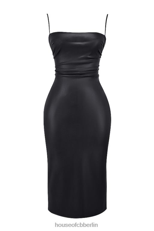 House of CB Jalena schwarzes Kleid aus veganem Leder mit Spitzenrücken Kleidung ZFD80127