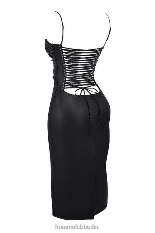 House of CB Jalena schwarzes Kleid aus veganem Leder mit Spitzenrücken Kleidung ZFD80127