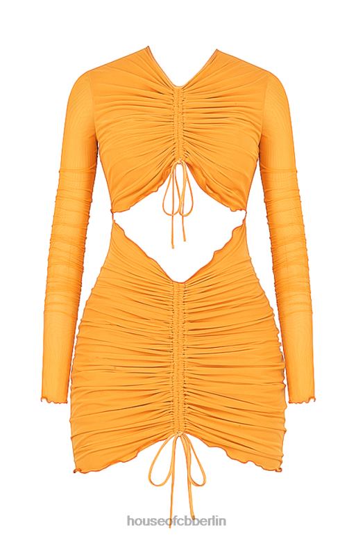 House of CB Jeanelle Orange gerafftes Mesh-Minikleid mit langen Ärmeln und Ausschnitten Kleidung ZFD80533