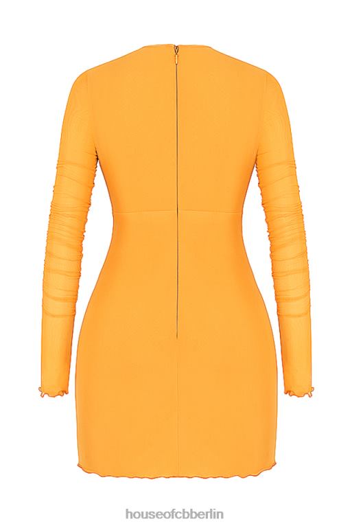 House of CB Jeanelle Orange gerafftes Mesh-Minikleid mit langen Ärmeln und Ausschnitten Kleidung ZFD80533