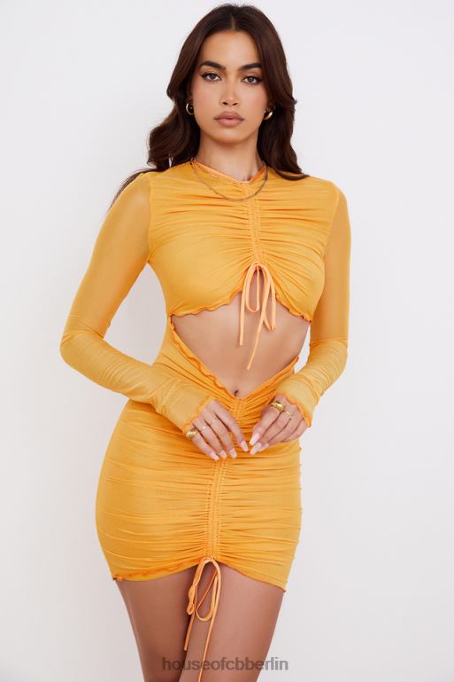 House of CB Jeanelle Orange gerafftes Mesh-Minikleid mit langen Ärmeln und Ausschnitten Kleidung ZFD80533