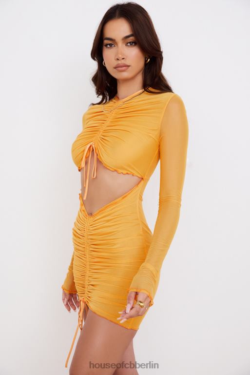 House of CB Jeanelle Orange gerafftes Mesh-Minikleid mit langen Ärmeln und Ausschnitten Kleidung ZFD80533