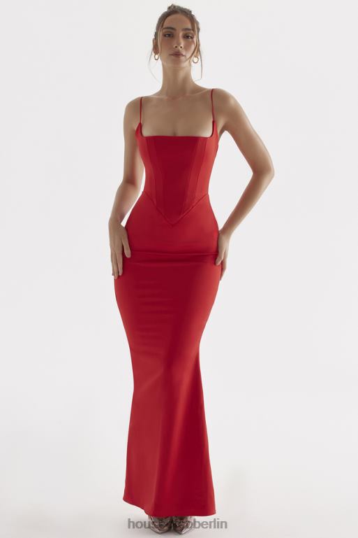 House of CB Olivette-rotes Rosen-Satin-Korsett-Maxikleid Kleidung ZFD80291