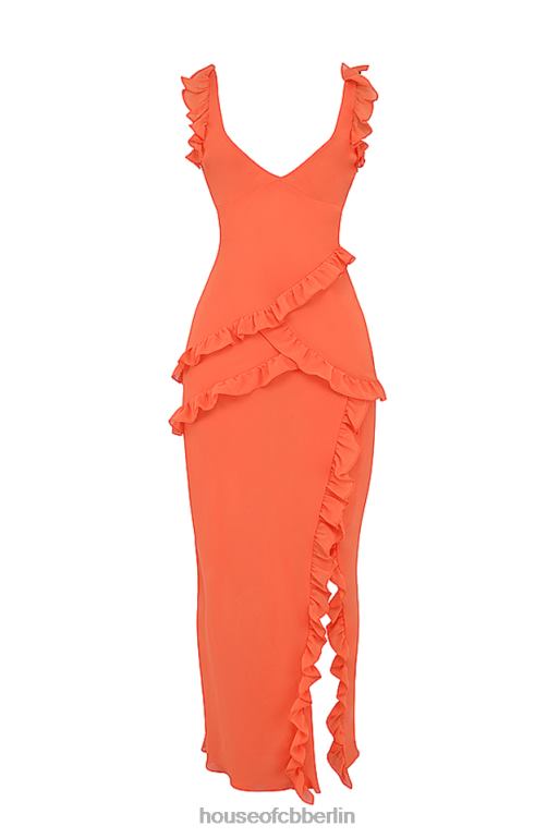 House of CB Pixie Flame orangefarbenes Maxikleid mit Rüschen Kleidung ZFD80191