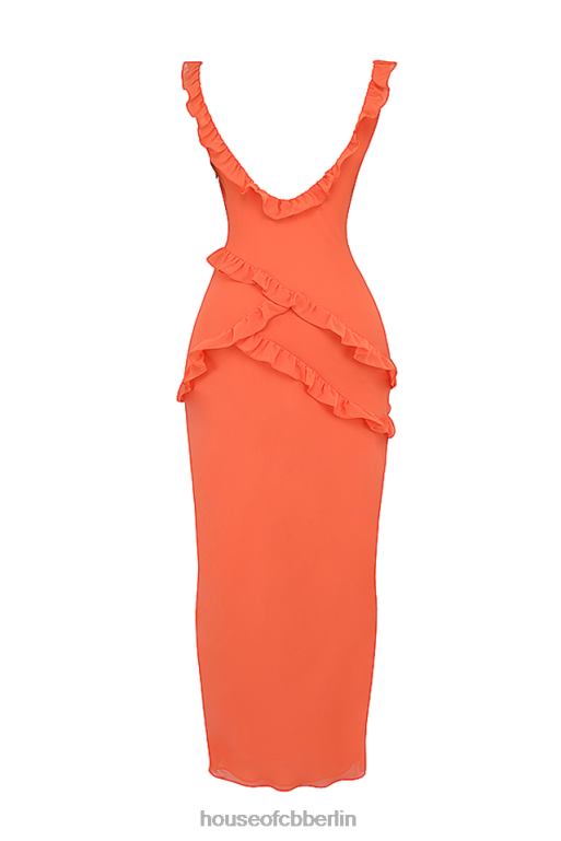 House of CB Pixie Flame orangefarbenes Maxikleid mit Rüschen Kleidung ZFD80191