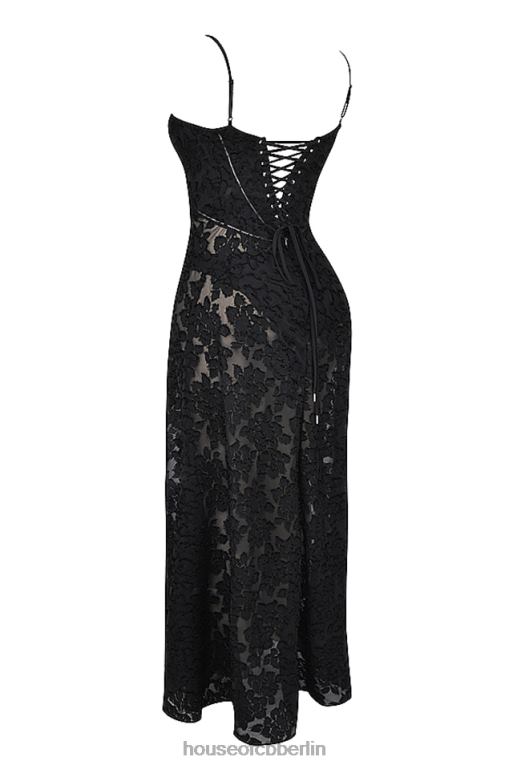 House of CB Ruhiges schwarzes Maxikleid mit floralem Spitzenrücken Kleidung ZFD80126