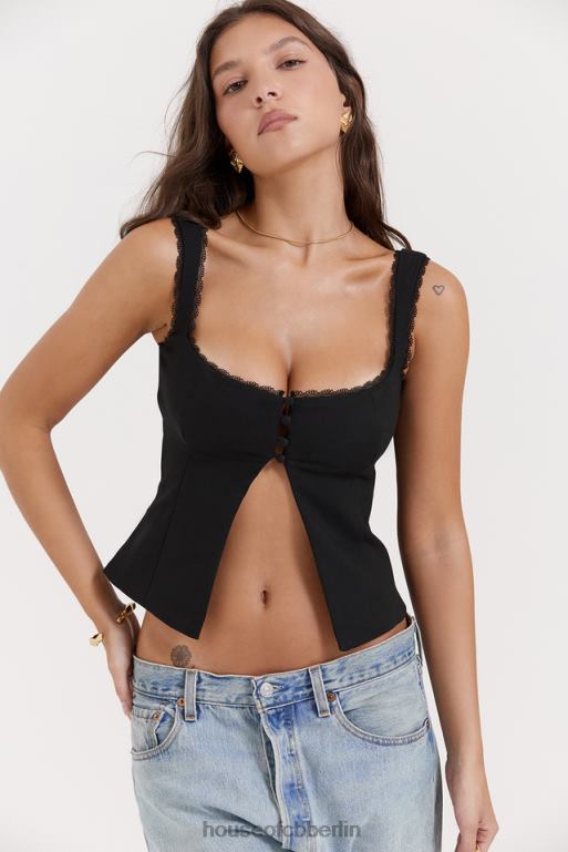 House of CB Schwarzes Noura-Top mit Spitzenbesatz Kleidung ZFD80664