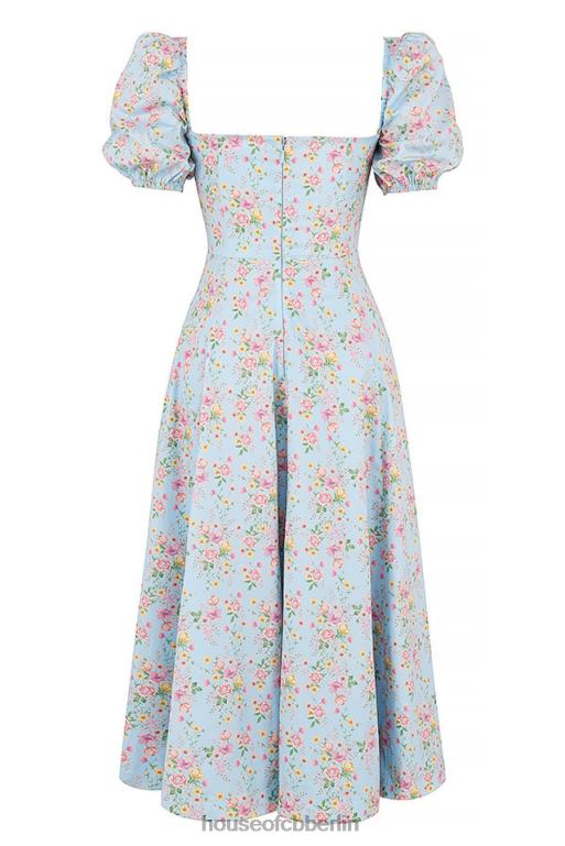 House of CB Tallulah blaues Vintage-Midikleid mit Blumenmuster und Puffärmeln Kleidung ZFD80572