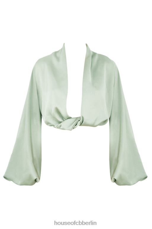 House of CB Tosca Salbei Seidensatin-Blouson-Oberteil mit tiefem Ausschnitt Kleidung ZFD80807