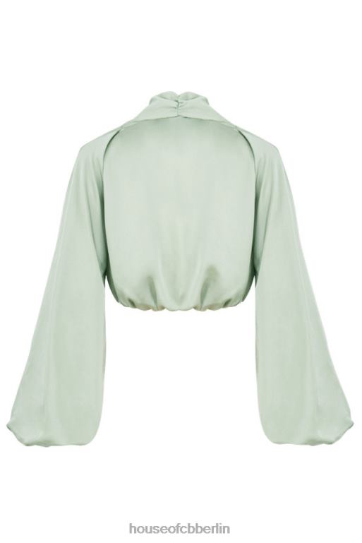 House of CB Tosca Salbei Seidensatin-Blouson-Oberteil mit tiefem Ausschnitt Kleidung ZFD80807