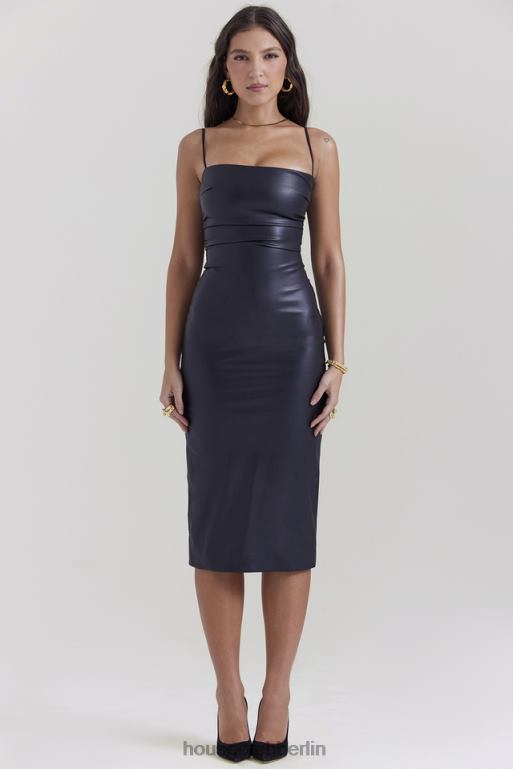 House of CB Jalena schwarzes Kleid aus veganem Leder mit Spitzenrücken Kleidung ZFD80127