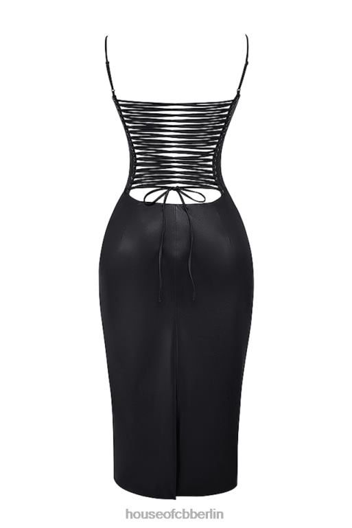 House of CB Jalena schwarzes Kleid aus veganem Leder mit Spitzenrücken Kleidung ZFD80127