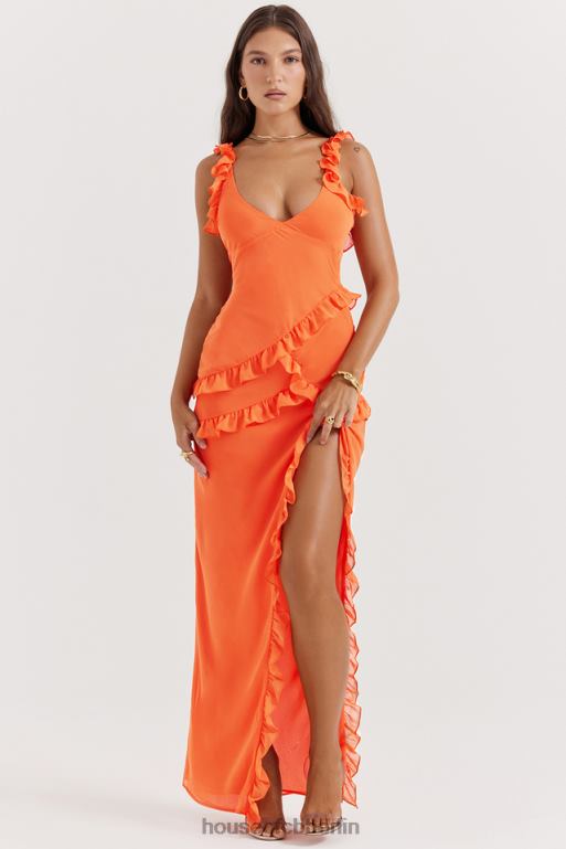 House of CB Pixie Flame orangefarbenes Maxikleid mit Rüschen Kleidung ZFD80191