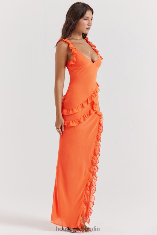 House of CB Pixie Flame orangefarbenes Maxikleid mit Rüschen Kleidung ZFD80191