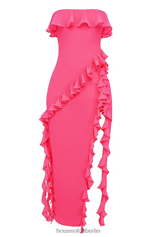 House of CB Sarina Fuchsia Maxikleid mit Rüschen Kleidung ZFD80189