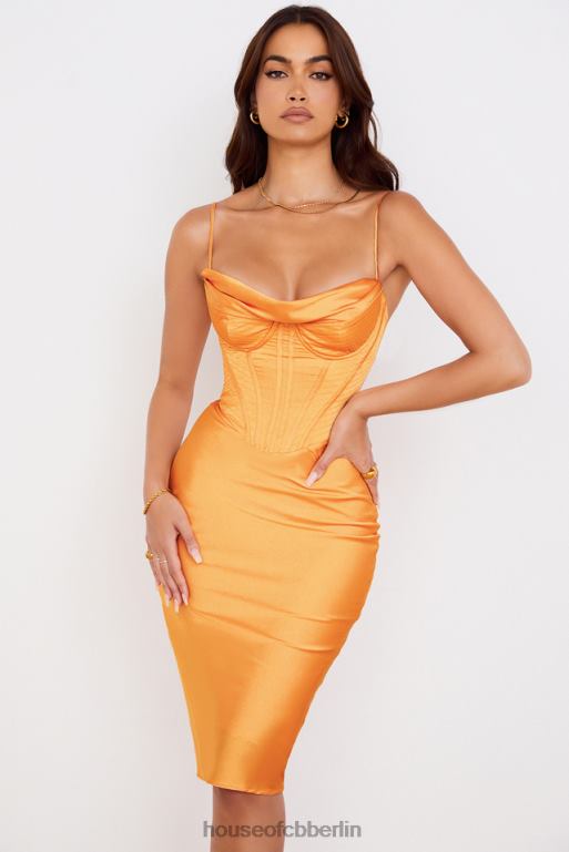 House of CB Myrna Tangerine Satin-Korsett-Midikleid Kleidung ZFD80537