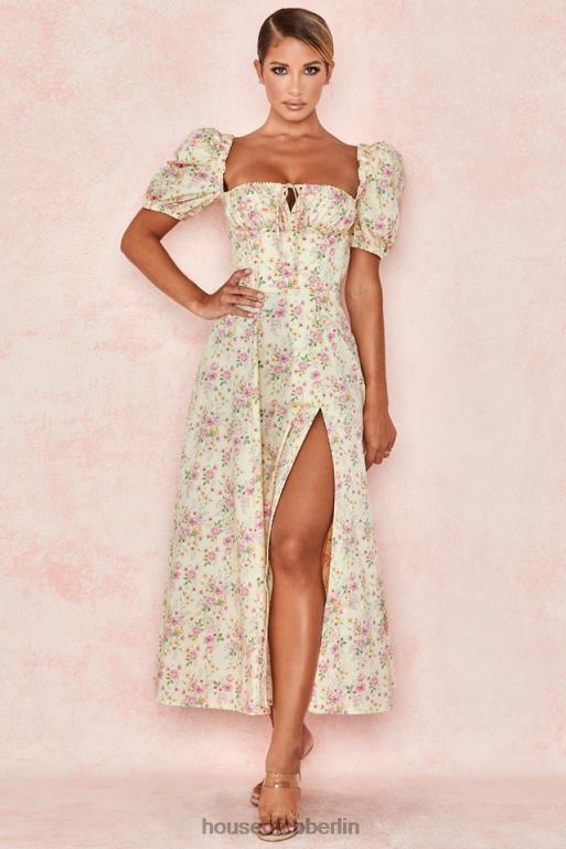 House of CB Tallulah Zitronenblümchen-Midi-Sommerkleid mit Puffärmeln Kleidung ZFD80617