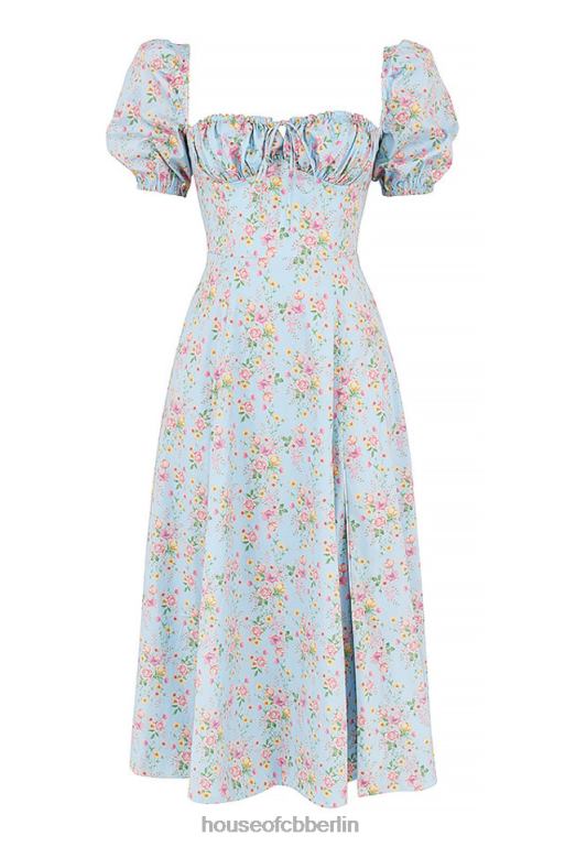 House of CB Tallulah blaues Vintage-Midikleid mit Blumenmuster und Puffärmeln Kleidung ZFD80572