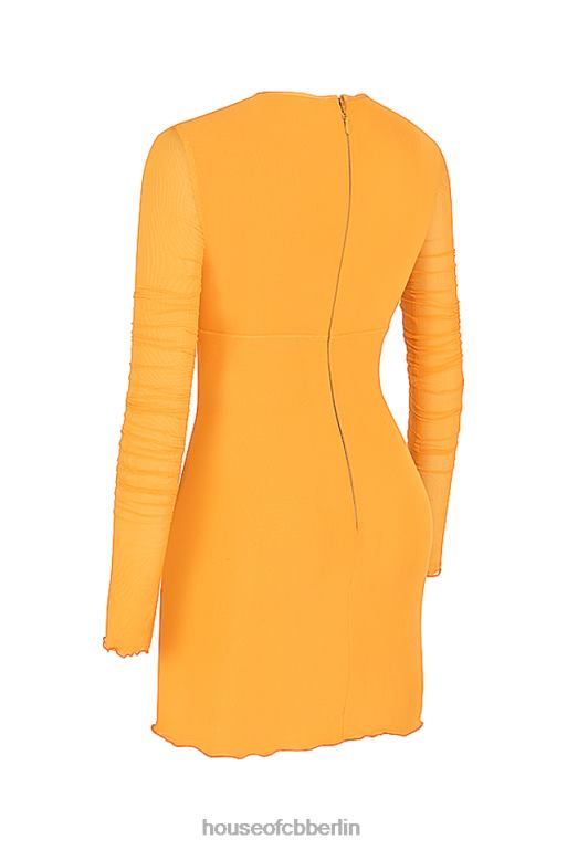 House of CB Jeanelle Orange gerafftes Mesh-Minikleid mit langen Ärmeln und Ausschnitten Kleidung ZFD80533