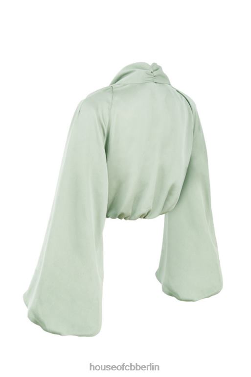 House of CB Tosca Salbei Seidensatin-Blouson-Oberteil mit tiefem Ausschnitt Kleidung ZFD80807